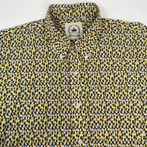 Relco London XL Yellow Blue Triangle Pattern Short Sleeve Cotton Button Up Shirt